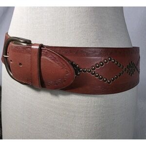 Vintage Fossil Womens Wide Belt Leather Brown Studded Boho Y2K Size Small 30-34"